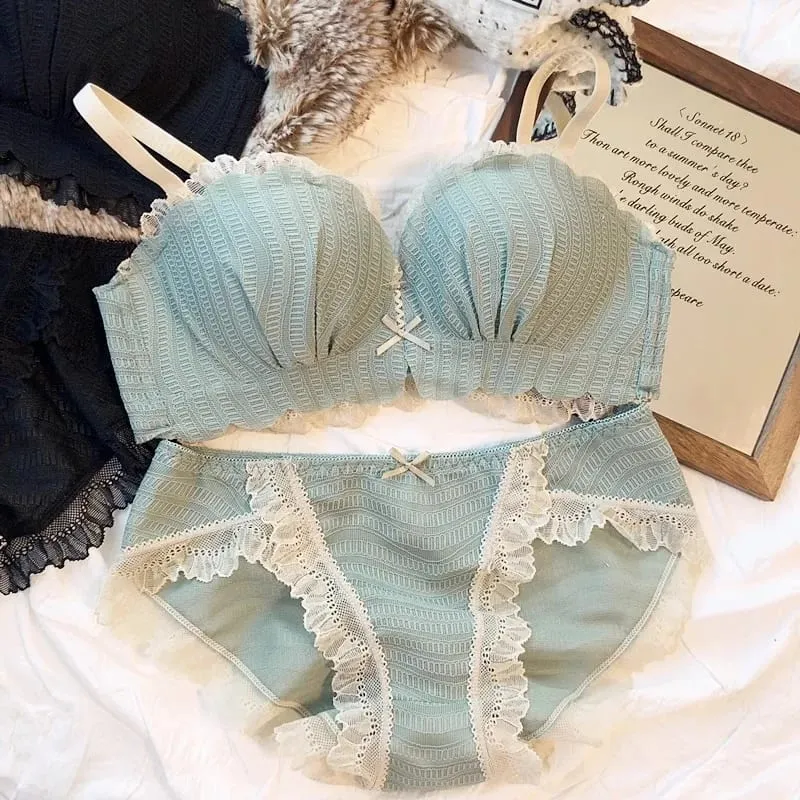 Söt kontrastfärg Spets tunna underkläder för unga flickor Intimates One-Piece Sömlös liten BH och trosset Bomullsunderkläder — image 8