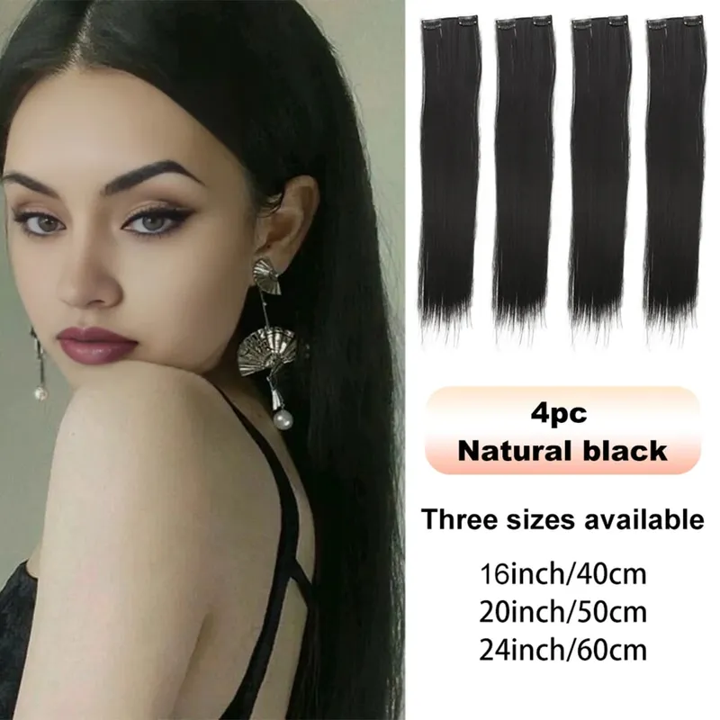 4PCS synthetic hair extension piece long straight hair wig clip heat-resistant wig piece extension on a woman's hair — image 10