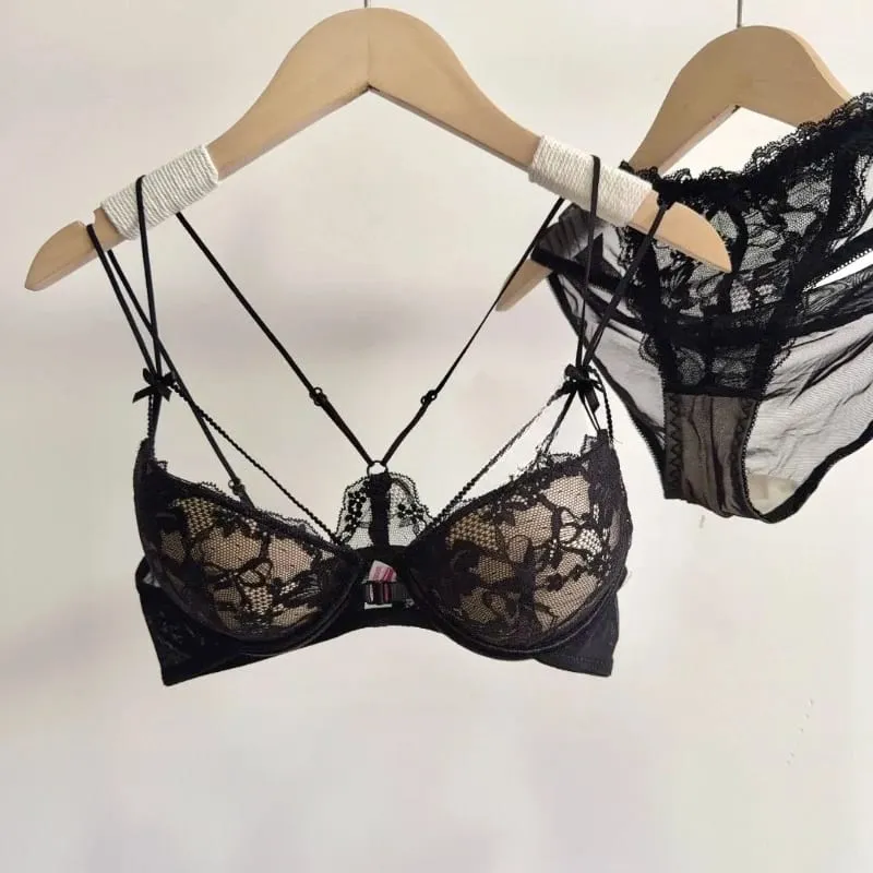 Fashion Elegant Floral Lace Front Snap Matching Lingerie Set Wireless Slim Shoulder Straps Cutout Beauty Back Small Bust MOYISU