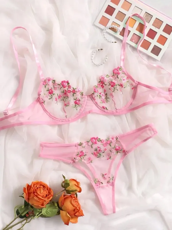 Purple Fancy Lingerie Set Women Embroidered Flower Bra and Panty Underwear Female Outfits