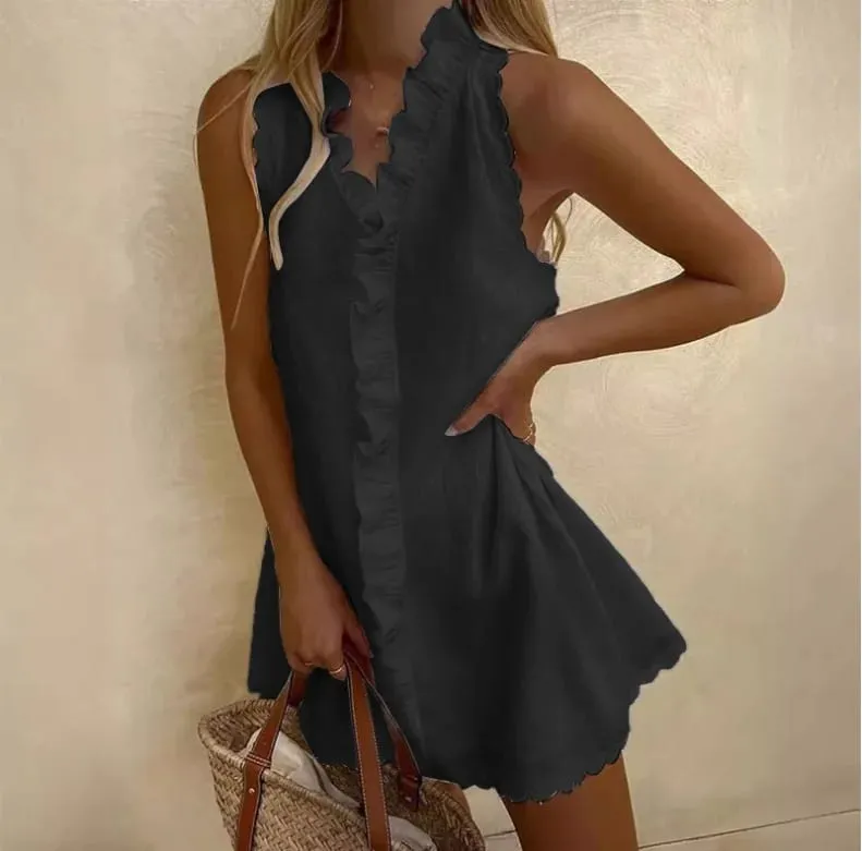 New Women Casual Cotton And Linen White Dress Summer V Neck Ruffles Sleeveless Elegant Boho Beach Party Mini Dresses Female Robe — image 3