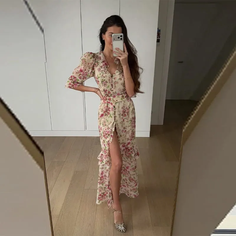 Elegant Ruffle Women's Long Dresses V Neck Half Sleeve Button Waist Cinching Pleated Dress 2026 Spring Lady Fashion Party Robes — image 10
