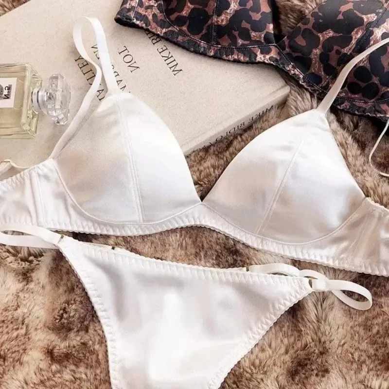 French Style Women Satin Triangle Cup Bra Set Thin Wireless Seamless Sexy Lingerie Light Support Comfort Brassiere Underwear — image 3