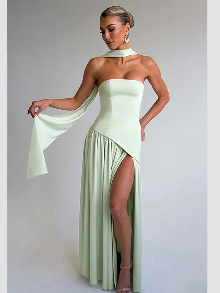 Solid Gesplitst Lint Maxi Jurk Vrouwen Elegante Strapless Mouwloze Slit Lange Jurken 2025 Nieuwe Zomer Vakantie Party Lady Vestidos — image 4