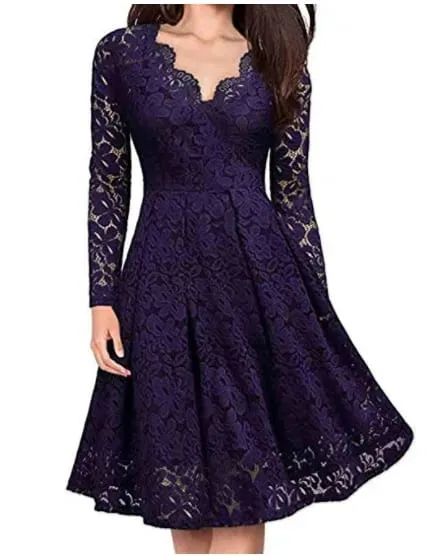 Women Lace A-Line Dress Spring Autumn V Neck Long Sleeve Lace Crochet Patchwork WineRed Slim Party Dresses JYFS-JY8858 — image 9