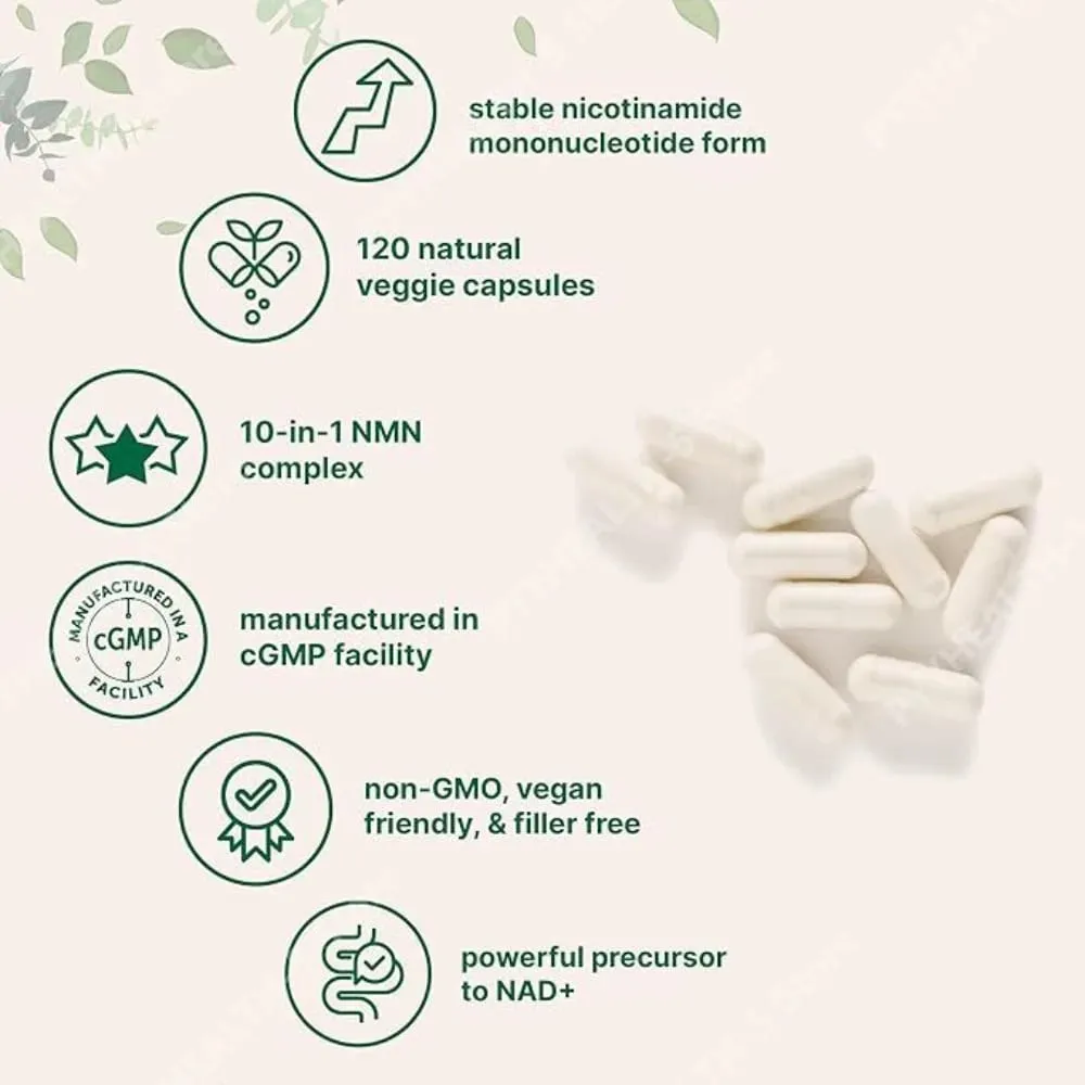 NMN Complex 1000mg Per Serving 10-in-1 NAD+ Precursor with Resveratrol CoQ10 120 Vegetarian Capsules Daily Support — image 3