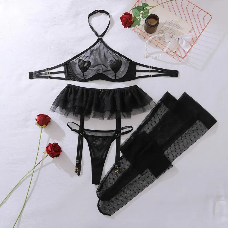New Fashion Mesh See Through Halter Neck Lingerie Set Women Sexy Perspective Three-point Style with Stockings Shaping Split Set