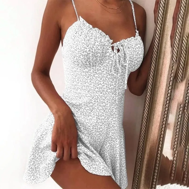 2023 feminino verão cinta de espaguete floral impressão gravata frente mini vestido y2k sexy vestido patry praia estilo novo all-match saia floral — image 6