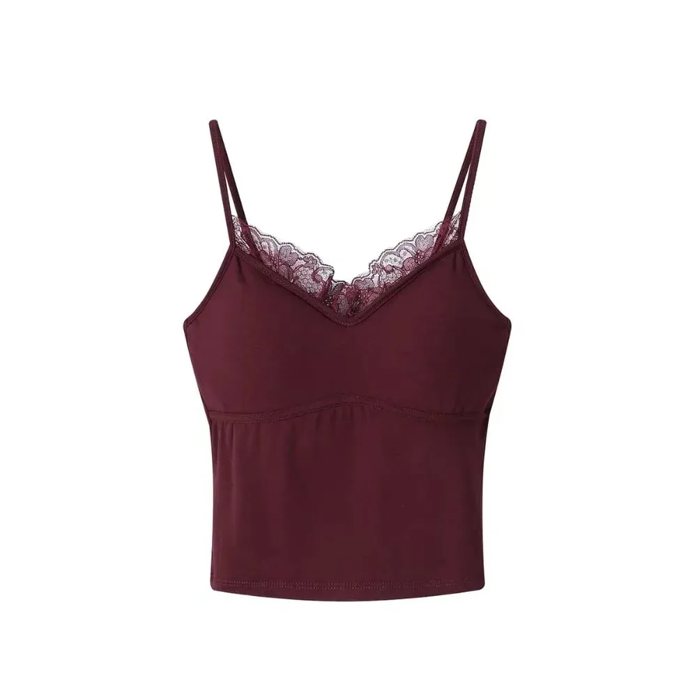 Autumn/Winter Fitted Lace-trimmed Camisole V-Neck Comfortable Slim Fit Camisole Top Soft with Padded Bra Women's Top — image 2