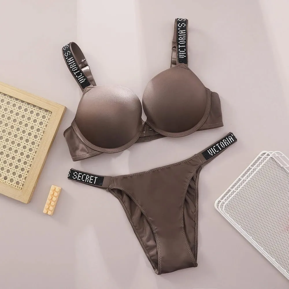 Victoria Secret Hot Sexy Lingerie Set Very Sexy Logo Shine Strap Push Up Bra With Shine Script Thong Panty — image 5