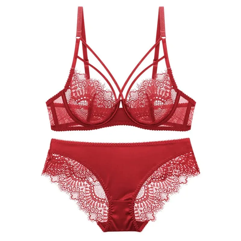 L'bellagiovanna Sexy Lace Lingerie Set Women Ultra-Thin Floral Embroidery Bra Panty Set Seamless Underwire Bralette B C D E Cup