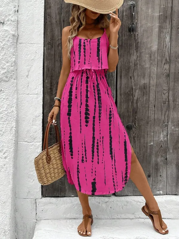 Pambabaeng Summer Spaghetti Strap Dress na may Belt at Side Slit - Casual Sleeveless Flowy Dress — image 16