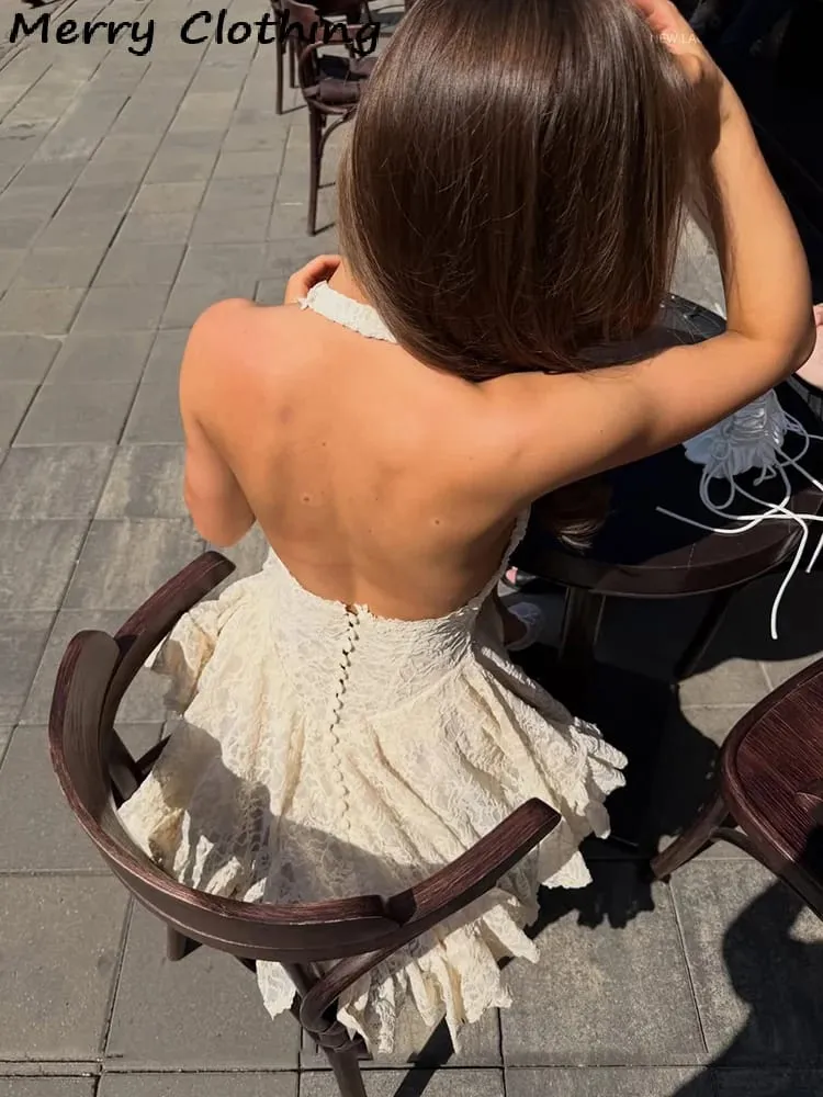 V pescoço halter renda mini saia feminina moda cintura cinched a linha vestido sem costas sem mangas curto vestidos de verão senhora — image 7