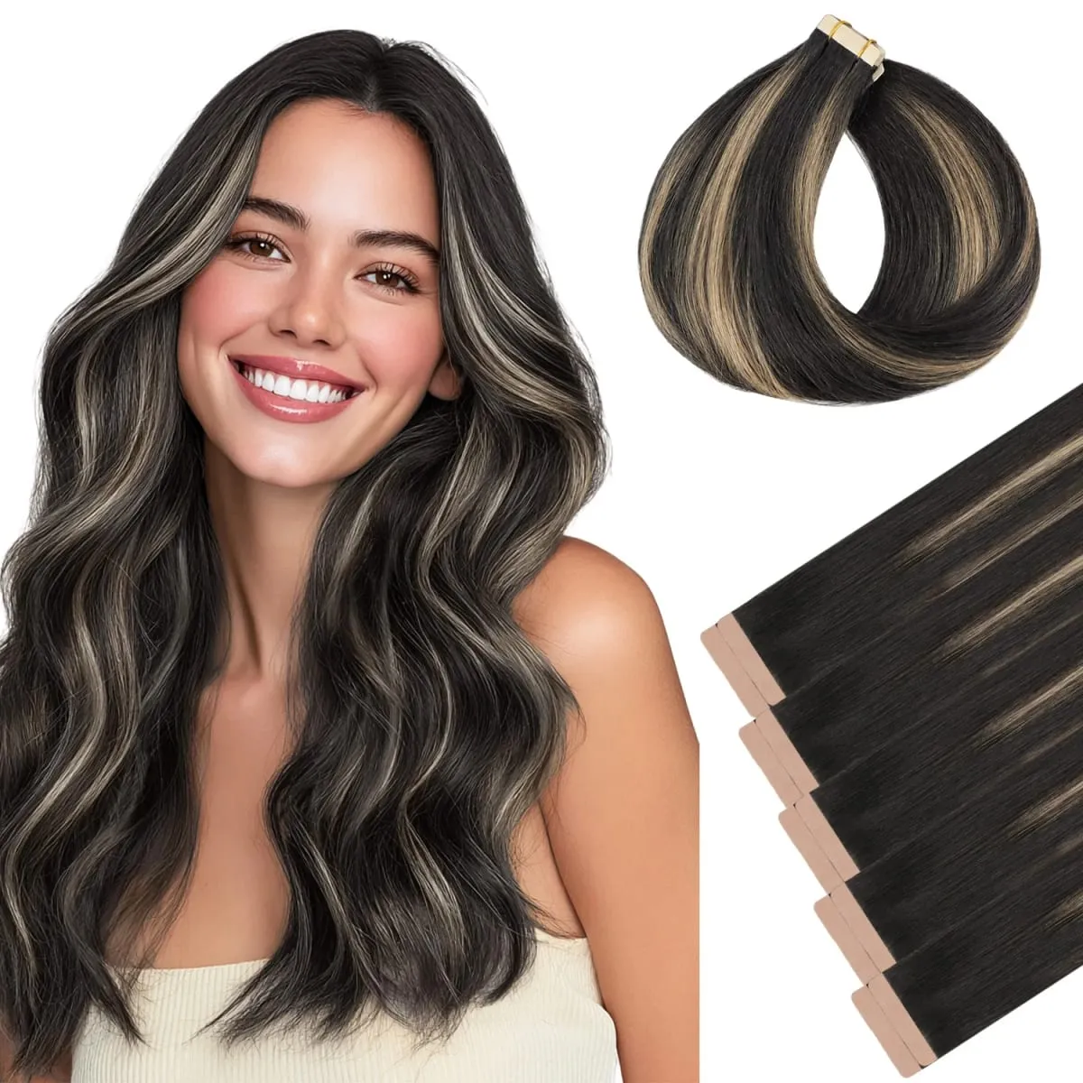 Sunmofavo Invisible Tape In Hair Extensions Seamless Full Thick Silky Straight Ombre Walnut Brown 10Pcs 100% Remy Human Hair