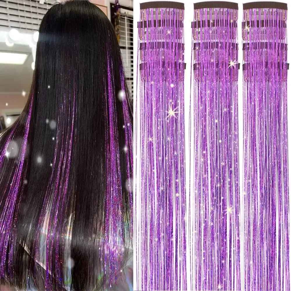 Hair Tinsel 12pcs Shiny Hair Metal Ribbon Clip Wig Piece Glitter Ribbon In Hair Party Focus Delicate Eye-Catching Gift Synthetic — image 8
