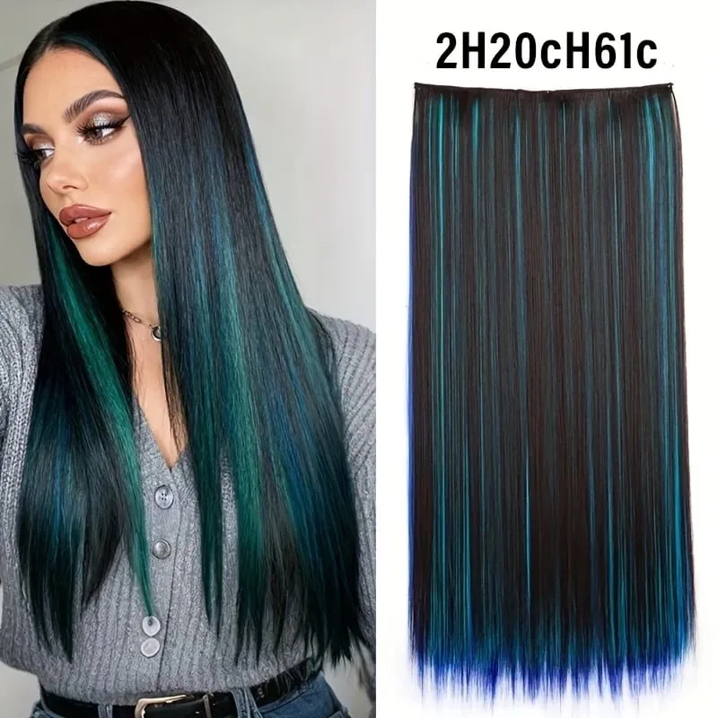 Synthetic 24Inch Long Straight 5 Clips Colorful Highlight Hair Extension Natural Soft Silky Hairpiece for Women Daily Use — image 9