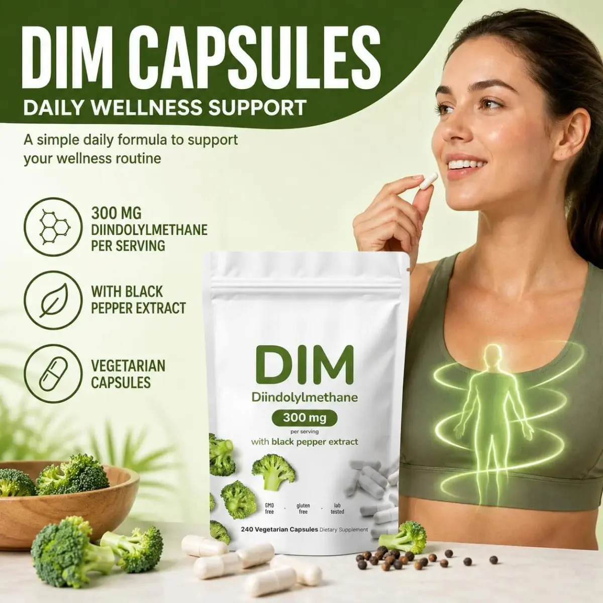 DIM Diindolylmethane Vegetarian Capsules with Black Pepper Extract GMO Free Gluten Free 240 Capsules — image 1
