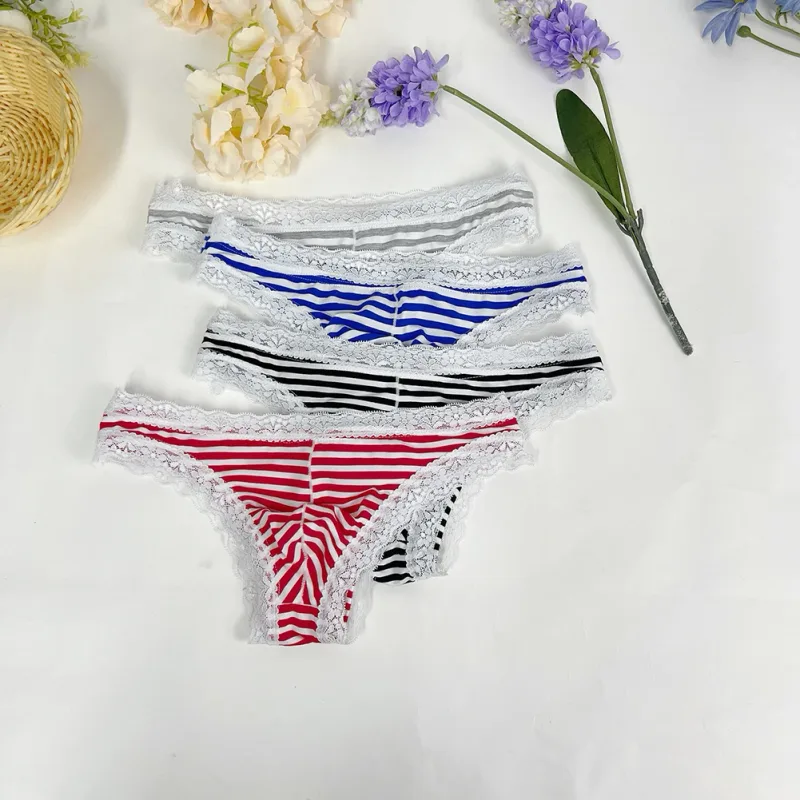 Men Lace Trim Striped G-string Underwear Half-covered Butt Low-rise Pantie Breathable Sexy U Bulge Pouch Comfortable Tong — image 4