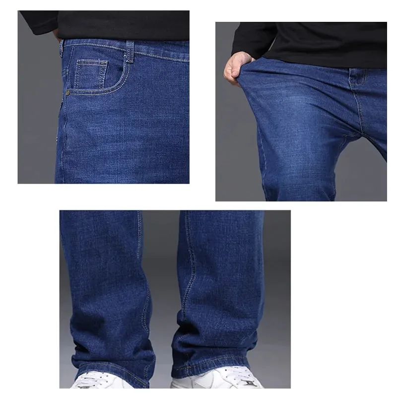 29-50 Sizes Men's Stretch Jeans Straight Leg Denim Pants Extended Sizing Blue Black Streetwear Relaxed Fit For Work Casual New