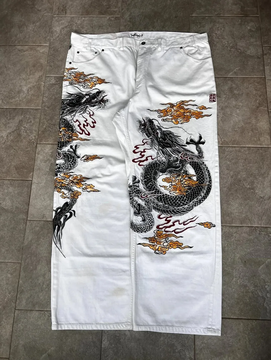 New White Jeans Y2K Dragon Pattern Mens American High Street Retro Korean Straight Pants Harajuku Hip-Hop Couple Wide Pants — image 1