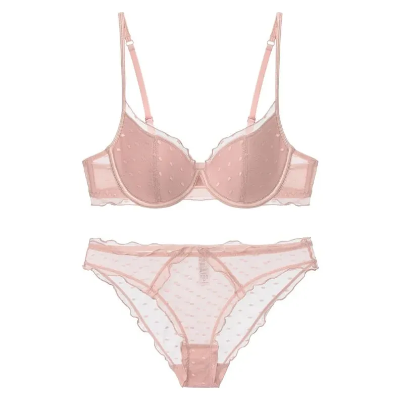 French Lace Women Underwear Sexy Hollow Thin Cup Push Up Bra Fashion Ladies Romantic Lingerie 4 Color Bras With Mesh Panties Set