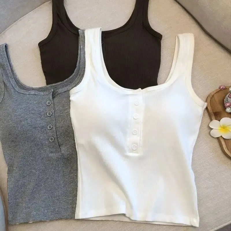 1Pcs Women's Ribbed Henley Tank Top Square Neck Button Front Built-in Bra Sleeveless Camisole — image 6