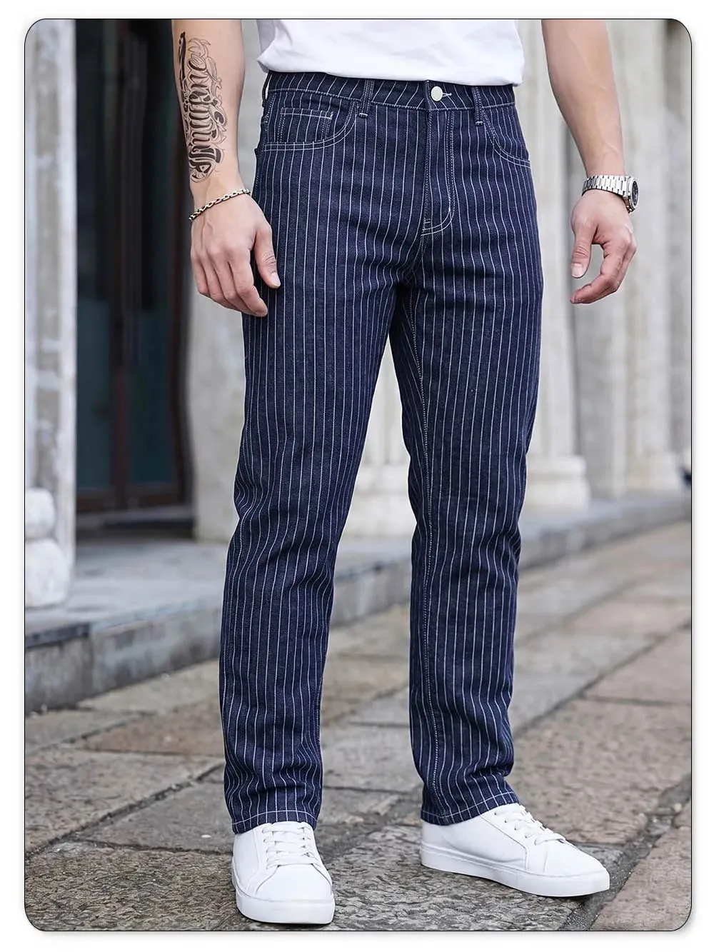 Light Luxury Blue White Striped Jacquard Slim Elastic Fit Straight Leg Jeans Business Casual Style Commuting Denim Pants — image 3