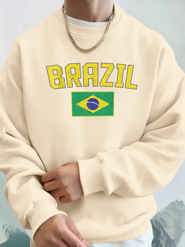 Brazil Letter And Flag Prints Man'S Pocket Streetwear Street Basic Hoody Crewneck Sport Sweatshirts Fleece Trendy Pullovers