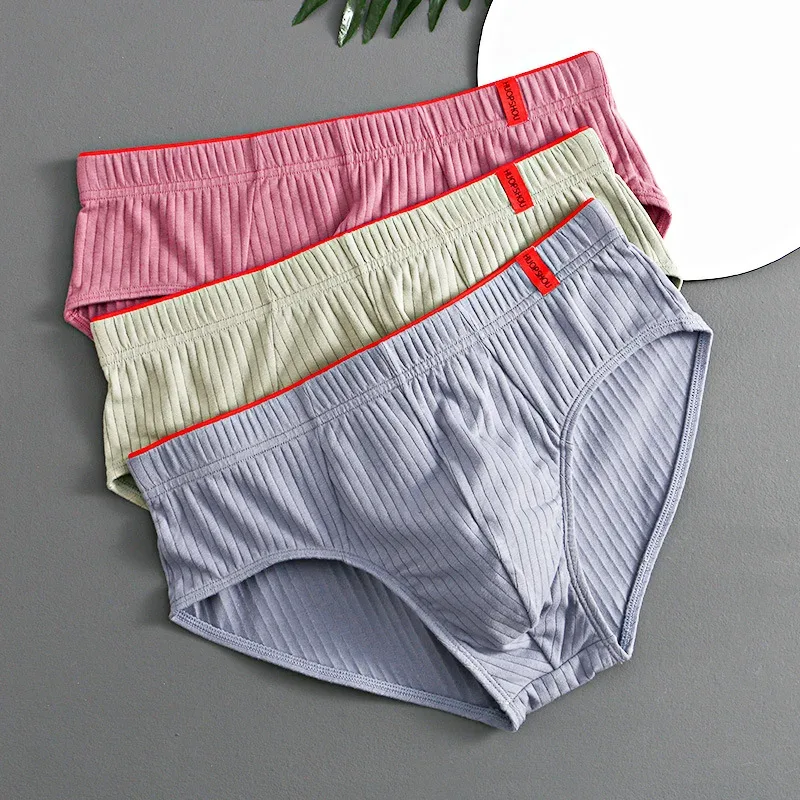 1/3PCS Panlalaking Brief sa Gitnang Baywang Elastic Soft Breathable Anti-septic U Convex Striped Solid Color Casual Men Underpants Underwear men — image 21