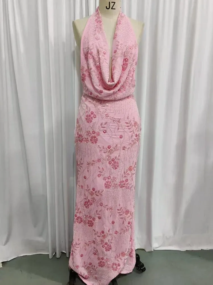 Sparkle Backless Sexy Maxi Dress Women Gown Elegant Halter Deep V Neck Sleeveless High Waist Bodycon Club Party Dresses — image 6