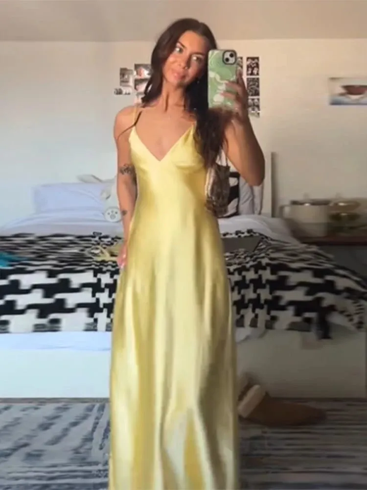 Women Orange Satin Sling Long Dress Fashion Solid Backless Sleeveless V-neck Pleated Gowns 2026 Lady Evening Party Robes Summer — image 6
