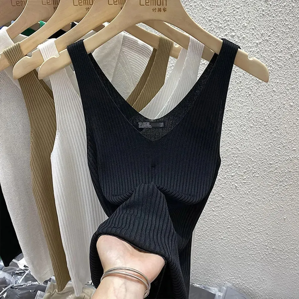 New Summer Sexy V-Neck Sleeveless Knit Women Camis Slim Pure Desire Style Basic Crop Top Korean Style Solid Versatile Tank Top
