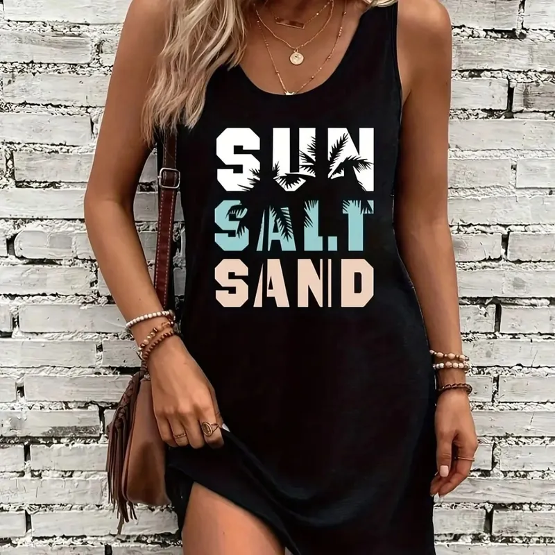 Mulheres verão sem mangas vestido regata sexy feminino verão solto sem mangas curto mini vestido com impressão preta — image 10