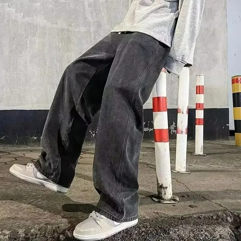 2025 Streetwear Loose Jeans Men Korean Style Fashion Loose Straight Wide Leg Pants Men's New Brand Clothing Black Light Blue — image 2