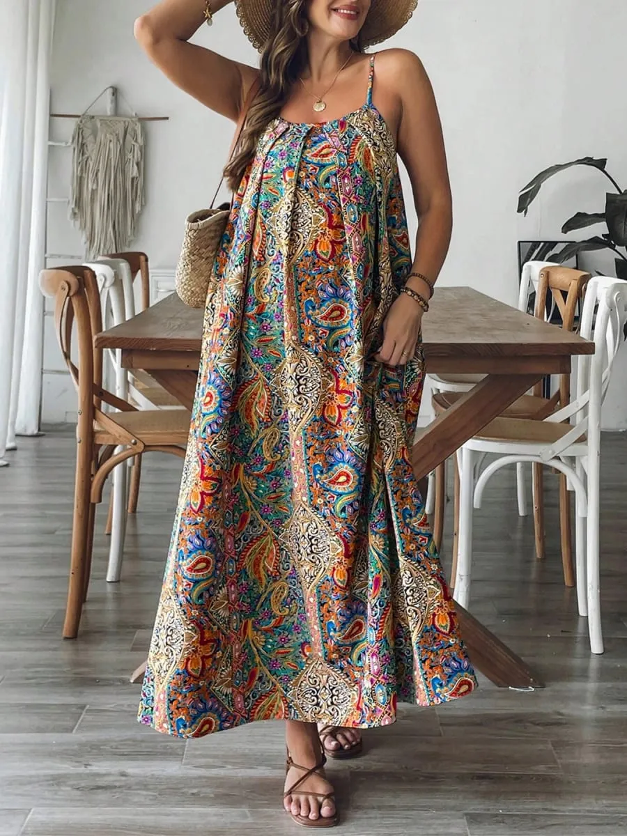2026 Summer Women Bohemian Paisley Print Spaghetti Strap Maxi Dress Loose Flowy Pocket Long Dress Vintage Ethnic Beach Vacation — image 2