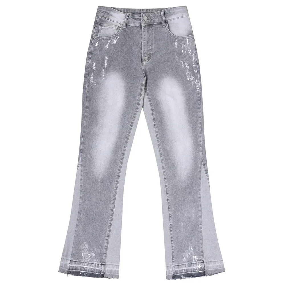 Men Painted Flared Denim Jeans Spliced Slim Boot Cut Pants Vintage Grey Cotton Released Hem Trousers