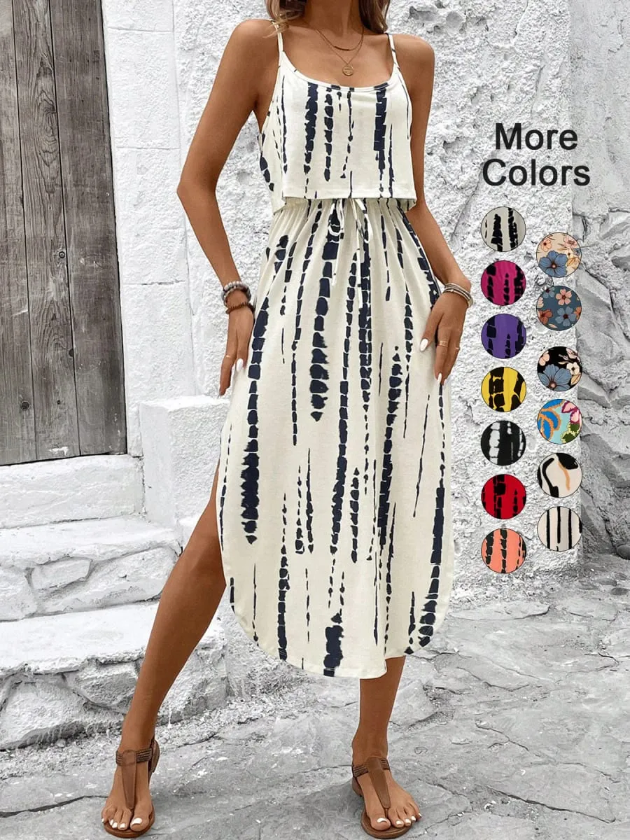 Pambabaeng Summer Spaghetti Strap Dress na may Belt at Side Slit - Casual Sleeveless Flowy Dress — image 2
