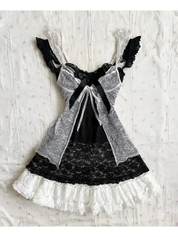 Feminino y2k vintage rendas retalhos vestido de duas peças conjunto verão elegante retro cardigan + doce moda sem mangas magro mini vestido — image 6