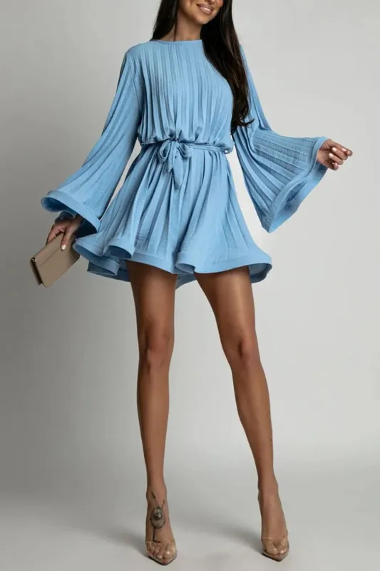 New Spring Summer Elegant Pleated Dress Women Fashion Solid Round Neck Flared Sleeve Lace-up Pleated Mini Dress Women — image 10