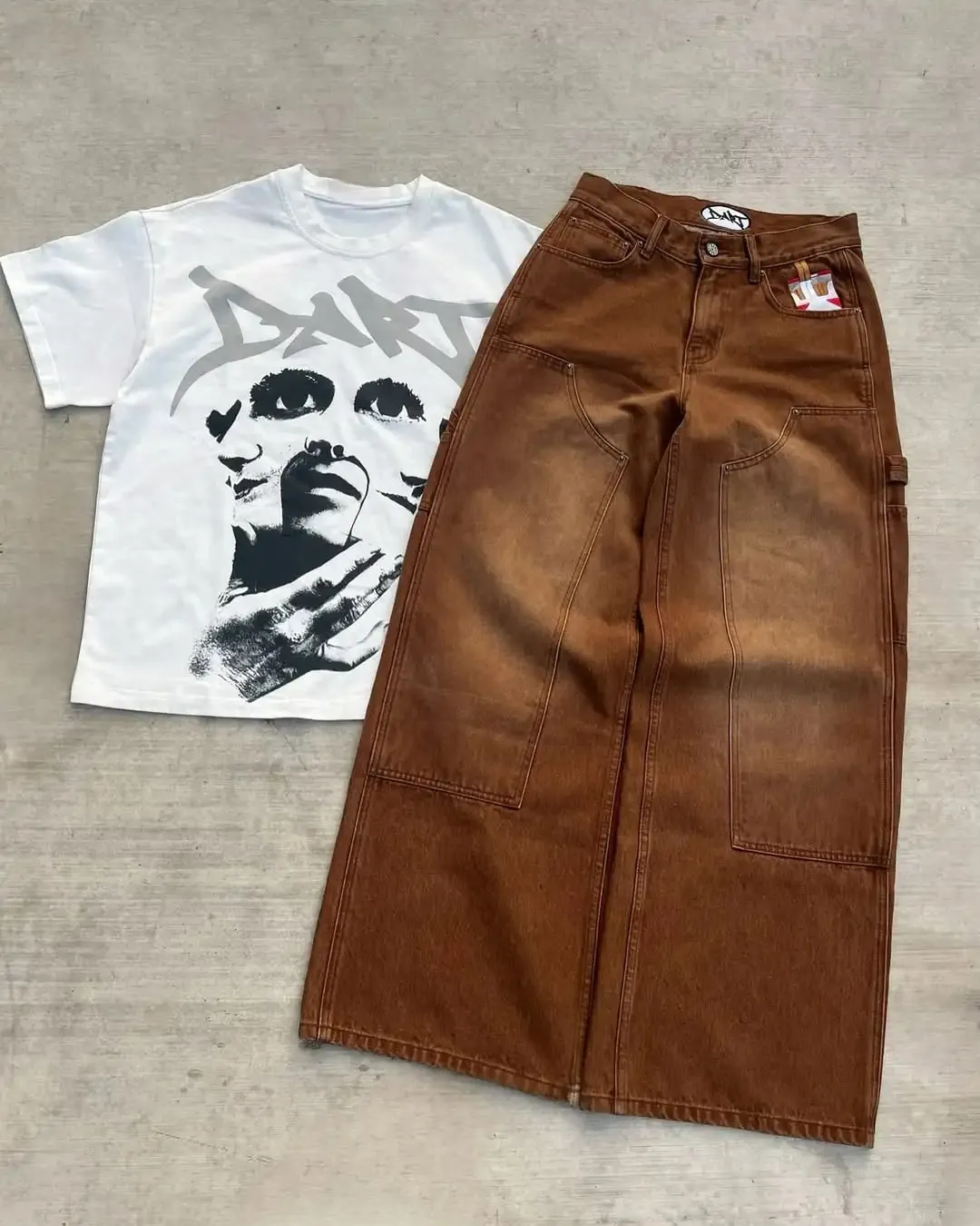 Mens Streetwear Brown Washed Denim Carpenter Pants Cigarette Pattern Pocket Loose High Waist Wide Leg Casual Jeans Daily Wear — image 4
