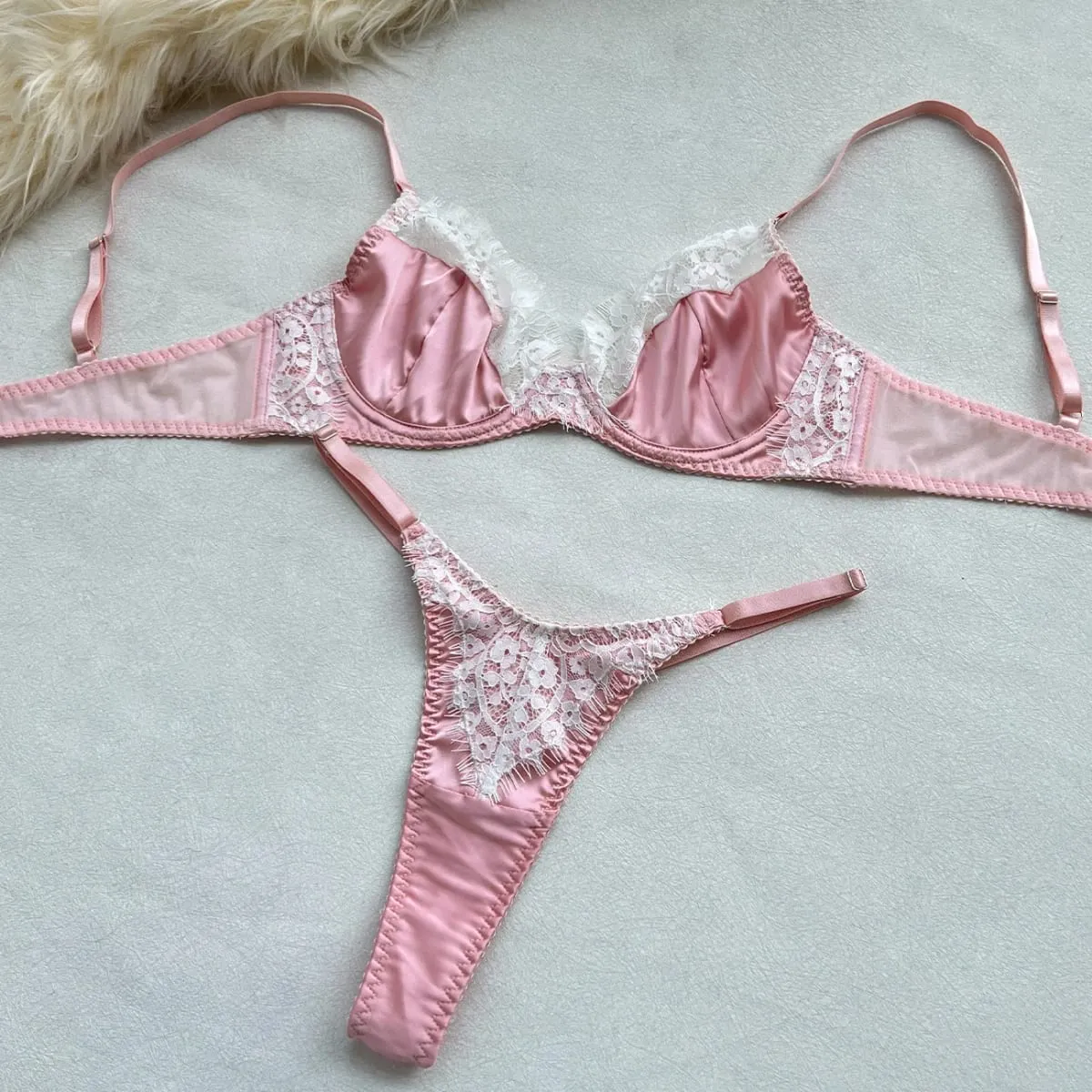Ellolace conjuntos de lingerie feminina romântica coquette cetim renda sutiã tanga 2pc magro sensual quente traje doce juventude roupa interior da menina — image 4