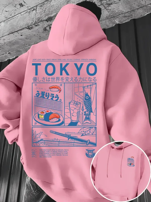 Loose-fit Men's Hooded Sweatshirt Tokyo-style Japanese Cuisine Woodblock Print Multi-panel Japanese-style Printed Pullover Top — image 3