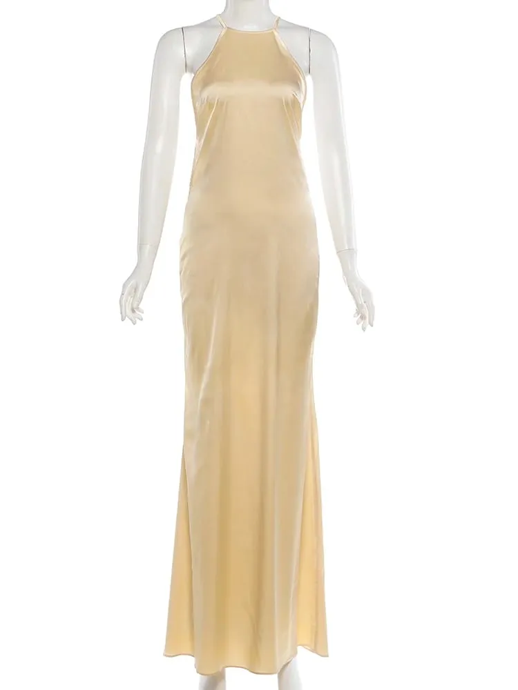 Nibber sem mangas halter vestido de cetim feminino fivela de metal elegante retalhos moda clássico festa à noite sem costas longo bodycon — image 7