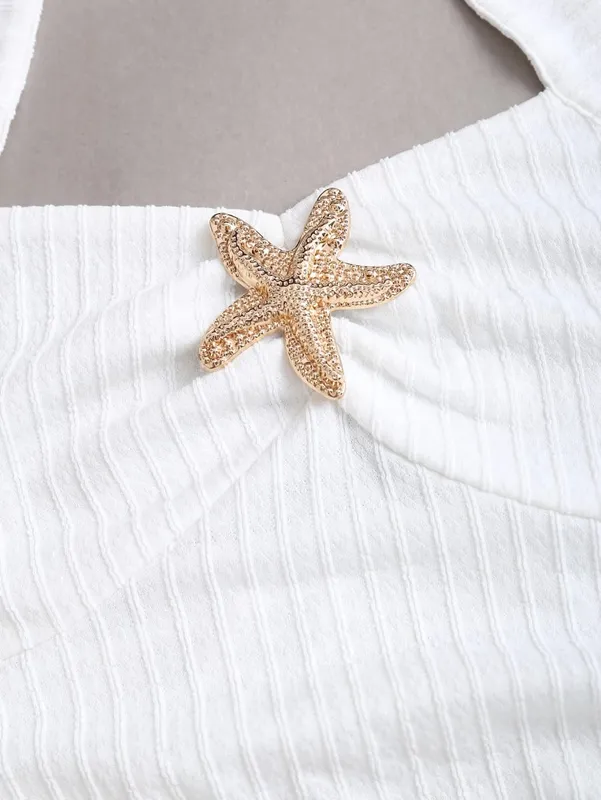 White Halter Neck Mini Dress Women's Ruffled Starfish Embellished Summer Casual Evening Gown