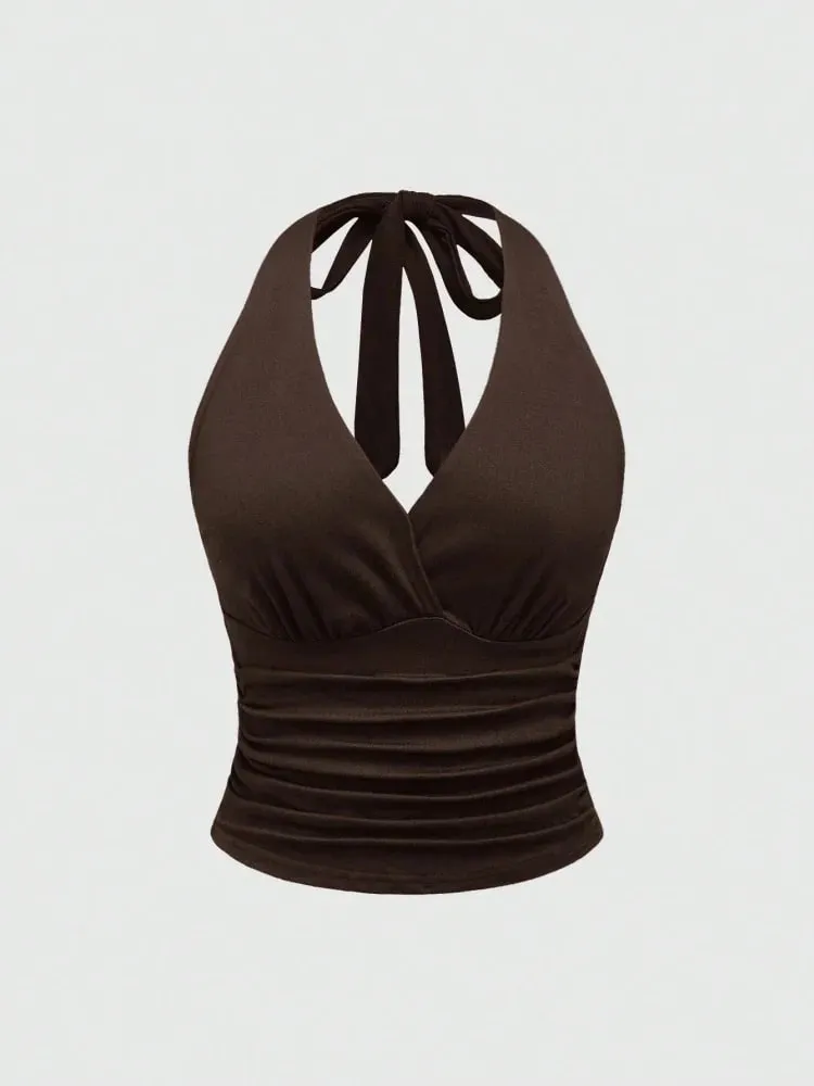 Top corto liso con cuello en V y espalda descubierta para mujer, Top corto con cuello Halter, Sexy Y2K, sin mangas, parte de arriba ropa informal fruncida — image 12