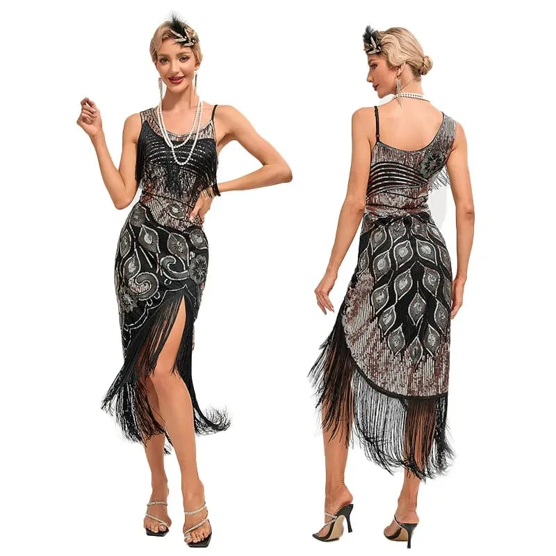 Vestido de lantejoulas 1920s retro borla pavão padrão vestido grande gatsby cocktail festa charleston vestido de dança bola longo vestido de noite — image 3