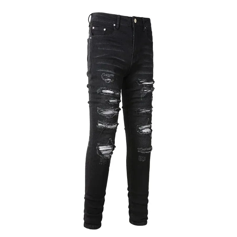 Homens plissados remendo motociclista jeans streetwear magro cônico estiramento denim calças rasgadas retalhos preto — image 2