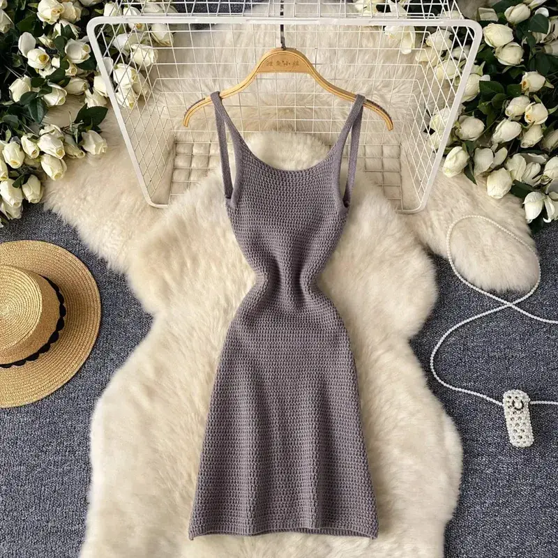 Summer Women Fashion Sexy Sleeveless Sundress Off Shoulder Knitted Strap Dress Hollow Out Backless Solid Color Wrap Mini Dress — image 3