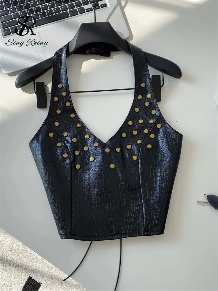 Halter Rivet Hotsweet Tops Women Lace Up Slim Texture Summer Clubwear Tank Top PU Leather Backless Sensual Retro Camis