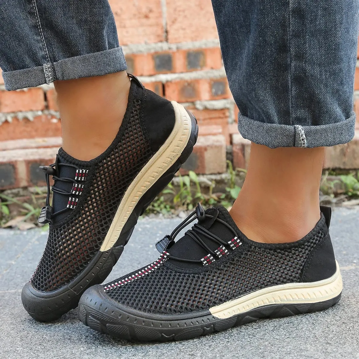 Sapatos masculinos de malha oca com alternância rápida, tênis para caminhada com listras e costura, touca de borracha grossa envolta em sapatos casuais para uso ao ar livre — image 5